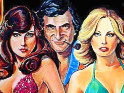 pinballforever:  1978 Bally “Playboy.” Art by Paul FarisThe backglass  depicts Hugh Hefner with 1976 Playmate Patti McGuire and 1977 Playmate  Sondra Theodore. Tom Nieman, VP of Marketing for Bally Pinball, told us  his name or initials appeared on