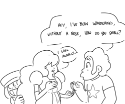 discount-supervillain:  Steven actually reflexively puts his hands over his eyes whenever Ruby and Sapphire are within 5ft of each other. additionally 