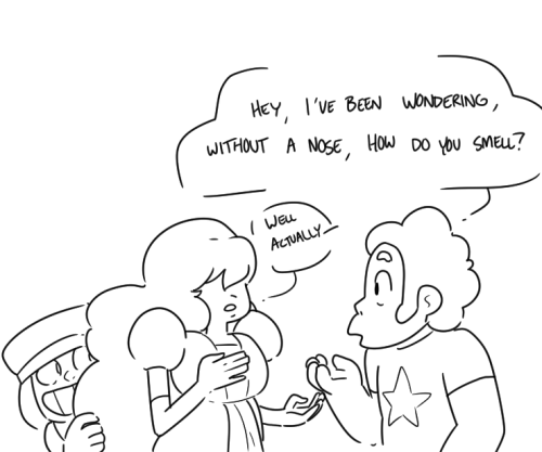 Steven actually reflexively puts his hands over his eyes whenever Ruby and Sapphire are within 5ft of each other.additionally