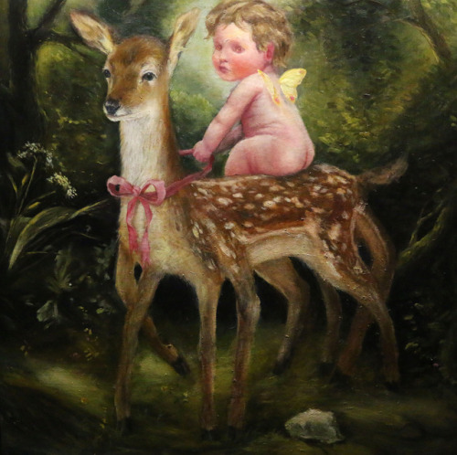 saintkerosene:  Finally finished this painting ! I still see this 8 legged fawn playing in the meadow sometimes, always accompanied by its Cherub friends. Cherub and Fawn, 2017 