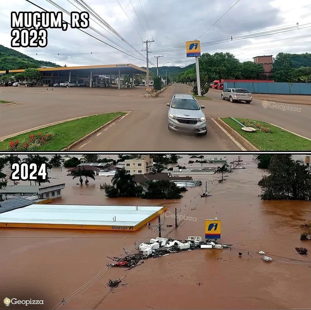 Before and after pictures of the city of Muçum, Rio Grande do Sul, in southern Brazil. The before picture shows a gas station and a car parked on the street. The after picture shows the same gas station, now nearly completely submerged in muddy water. Only the rooftop is visible.