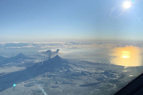 Mount Shishaldin, on Alaska’s Unimak Island, is seen erupting on January 18, 2020. Shishaldin 