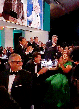 tedlassogif: Phil Dunster being adorably excited and one of the first to stand up for Brett Goldstei