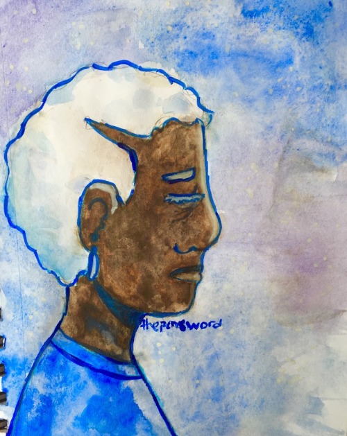 shades of blue[id: a watercolor portrait of lucretia. we see a side profile of her face in shades of