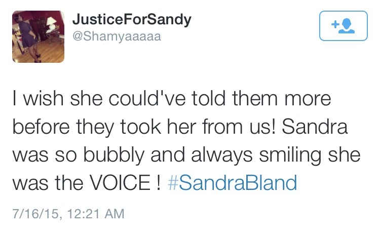 goldwomyn:Tweets from the cousin of Sandra Bland.   Say her name • black lives