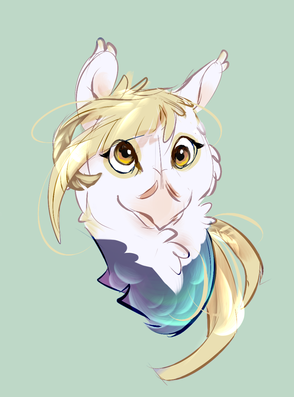 A headshot of the pegasus, facing forward. Her yellow-brown eyes are looking in different directions. She has a bright smile and alert ears.