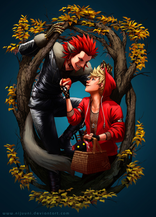 nijuukoo:   nijuukoo:  Tame the Wolf [x]  Gift to Stavoskreskas from the lovely Cameoamalthea  She asked for an Akuroku drawing based on their Wolf and Little Red Roxas Hood cosplay <3 Go check out their photos :D Thank you so much for commissioning