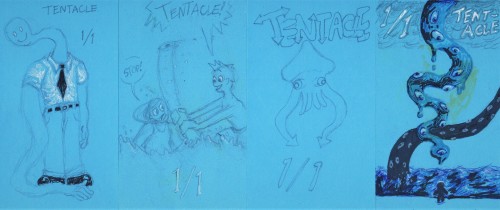 Custom Magic tokens on scratchpad paper and notecards. The last of the tentacle ones is my favorite,