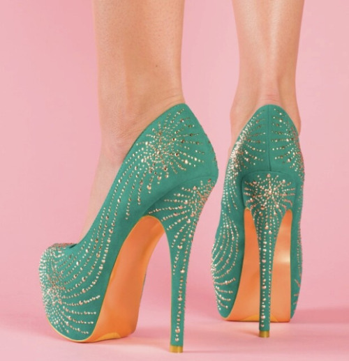green heels with sparkly rhinestones