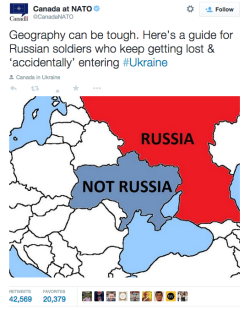 feministjewishblogger:  guardian:  The best slapdowns of 2014 The Canadian delegation at Nato posted this sarcastic tweet with a map highlighting “Russia” in red and “Not Russia” in blue. The tweet was described as Canada’s most aggressive act