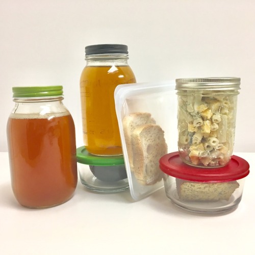 Zero Waste Breakfast/Lunch. Two quarts of tea brewed from one scoop of loose leaf tea. Jars topped w