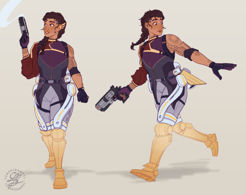 A (finalized) design for my Apex Legends OC, Sunbird!  A jovial yet curious medical engineer with go