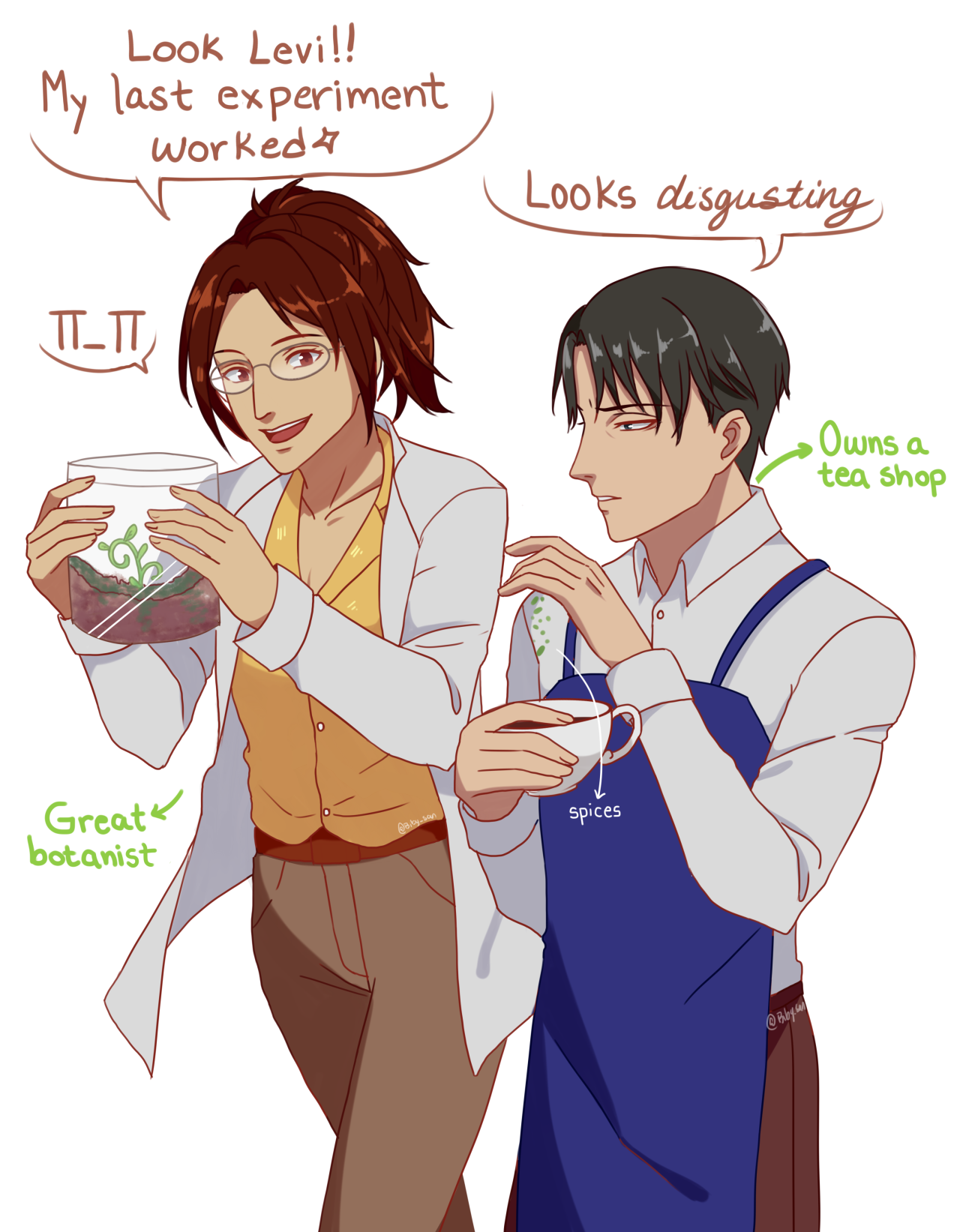 Biby's drawings — Hange as a botanist and Levi as a tea shop owner