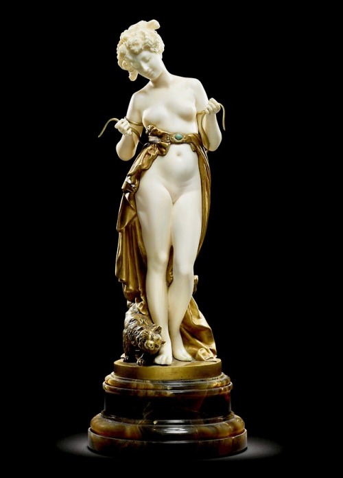 art-nimals:Louis Carrier-Belleuse, Standing Nude With A Cat, ivory and bronze, on an onyx base, Blou