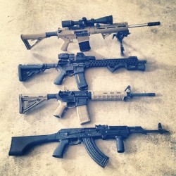 coultersalmon:  Happy father of 4. #blessed haha #merica #guns #2a             From top to bottom: CMMG MK-3 7.62-51, RRA Tac Operator LAR-15, Palmetto Armory AR-15, and IO AK-47 7.62x39.
