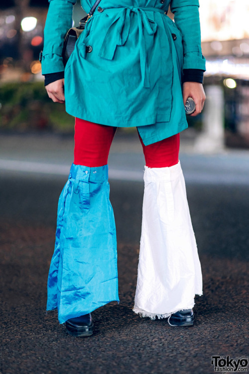 19-year-old Kaiya on the street in Harajuku wearing a colorful style featuring remake/DIY pants with