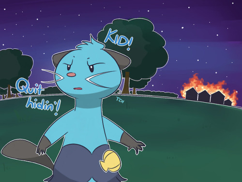 asksuki: The scent of smoke is heavy in the air as a gruff looking Dewott hurries about, frequently 