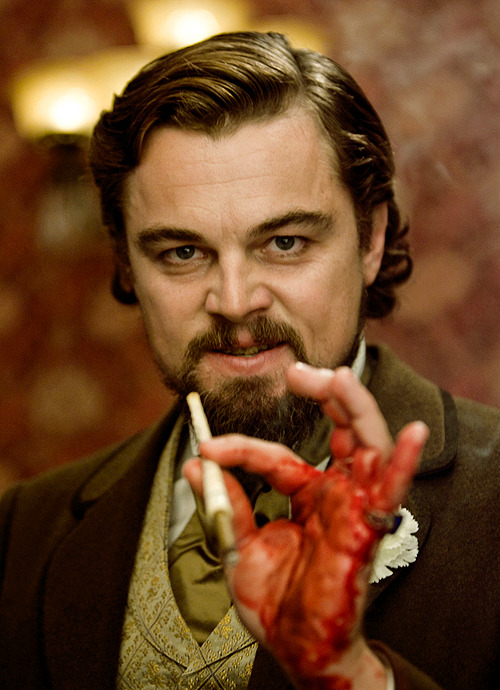 collegiate-deviance:  Leonardo DiCaprio cut his hand while the cameras were rolling on the set of Django Unchained and kept moving through the scene, never breaking character, and  his real-life bloodied hand made it into the final version of the film.