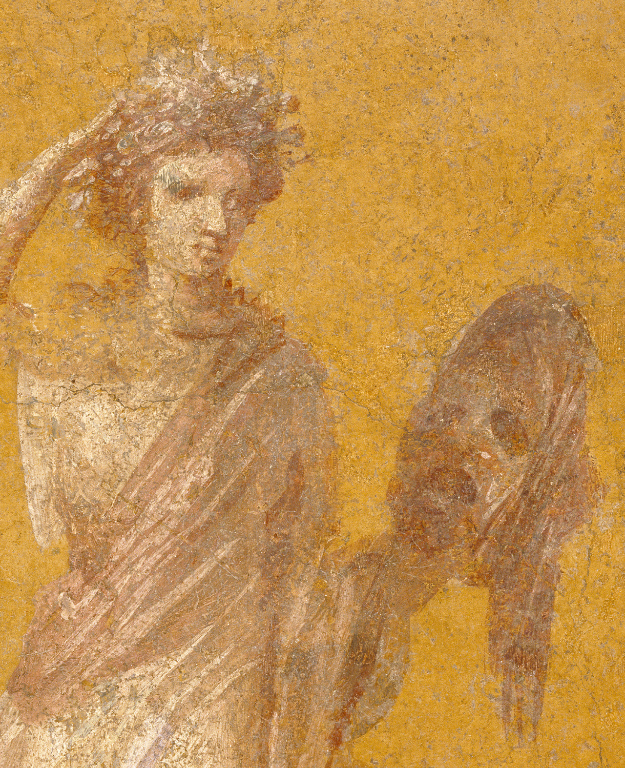 caravaggista:  Fragment of a Yellow Fresco Panel with Muse (1 - 75 AD), Roman, from