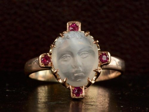 eriebasin: 1880s Victorian Moonstone Cameo and Ruby Ring (online)