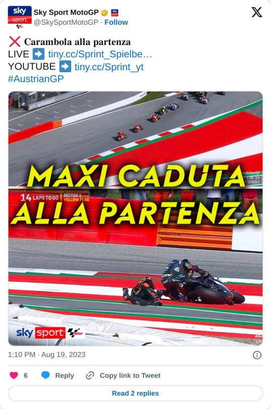 ❌ 𝐂𝐚𝐫𝐚𝐦𝐛𝐨𝐥𝐚 𝐚𝐥𝐥𝐚 𝐩𝐚𝐫𝐭𝐞𝐧𝐳𝐚 LIVE ➡ https://t.co/Q79ltnEmPc YOUTUBE ➡ https://t.co/hDlRpznp63#AustrianGP pic.twitter.com/ObIb7y9crA  — Sky Sport MotoGP (@SkySportMotoGP) August 19, 2023