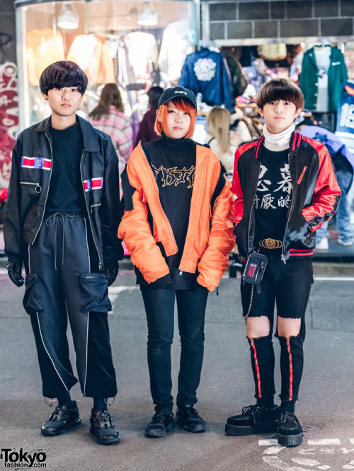 Japanese students Yuta, Ando, and Ritsuki wearing dark streetwear looks in Harajuku by Japanese, Kor
