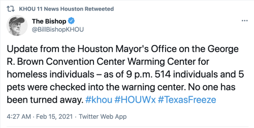 fuckyeahtx:FYI. If you see anyone in need of shelter in the H-town area. [id: Tweet by BillBishopKHO