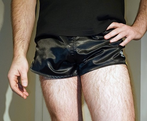 Adidas Beckenbauer Shiny Shorts, Black With Yellow Stripes. Lovely! 