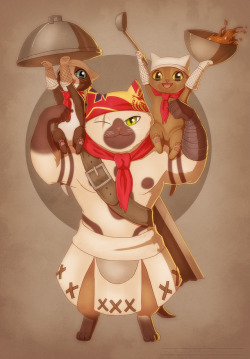 levo-art:More arts from work breaks. I love the Palicos and Meowscular Chef is a gem.