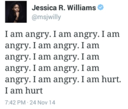 msjwilly:darbystanchfields:Jessica Williams responding to #NoIndictment for murderer Darren Wilson.I