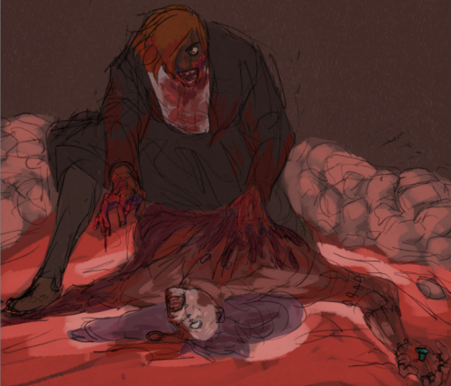 A digitally colored doodle of Kugisaki Nobara and Mahito; Kugisaki is in her Jujutsu uniform with a slight alterations of its soaked in blood along the chest and the exits of the sleeves and her jacket is unbuttoned her hair is also caked in blood at the ends, Mahito is wearing no clothes to discern.
Mahito and Kugisaki are seen in a stream that is tinted red by the excessive amounts of blood Mahito has. Mahito himself is seen torn apart with almost no left arm and his right hand is seen pinned to the ground by a nail from Kugisaki, his head is bent backwards into an agonized wail and his left eye is gouged out.
Kugisaki is seen kneeling over Mahito, her left hand has a handful of Mahito's flesh and is ripping it from his chest while her right is in a claw pose but hovering above Mahito. Her hands are covered in blood and she's bend over Mahito's body and can see that the bottom of Kugisaki's face is dropping with viscera.
Kugisaki expression is that of a crazed roar of sorts while she looks down at Mahito.
She will not stop ripping at him until there is nothing.
