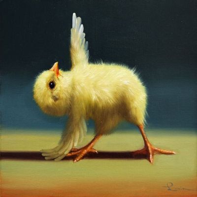 ousia-poetica:I have seen so many strange things that I am not surprised to see a baby chick doing physical and mental exercise. Art by Lucia Heffernan on Etsy.