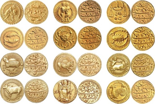 indophilia:The mughal emperor Jahangir struck coins with the 12 signs of the zodiac