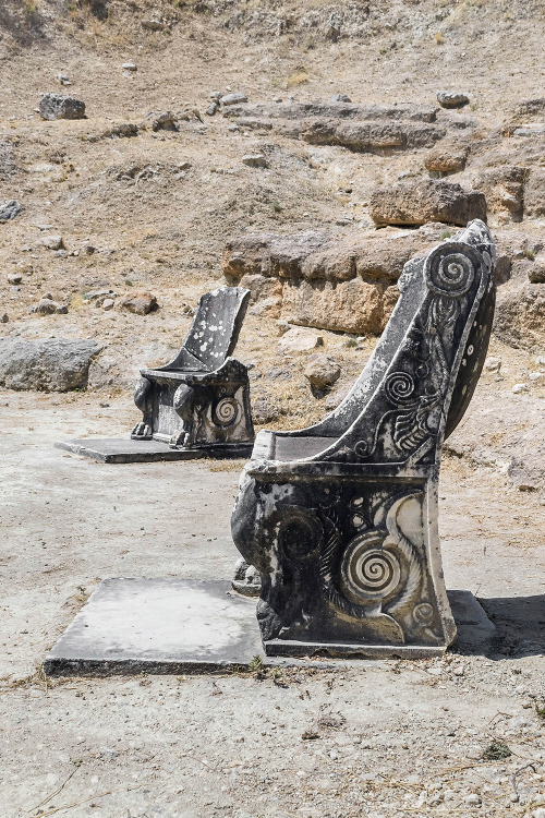 Marble throne chairs at the ancient theater of Oropos (Amphiareion archaeological site), Attica, Gre