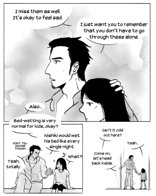 siruerto: Finished my short comic about Kiryu helping through a troubled night for Haruka.