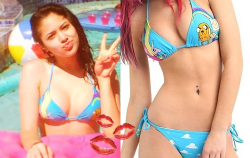 jasminevillegascloset:  Seems like Jasmine meanwhile is obsessed with Finn and Jake instead of Domo.  After wearing several tops with their facen on them, she posted a pic on instagram today, rocking this adorable Finn &amp; Jake Bikini Swimsuit. You