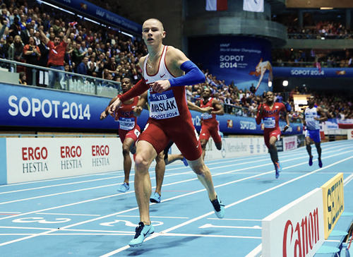 Pavel Maslak winning the 400m final at the World Indoor Championships 2014, in Sopot.