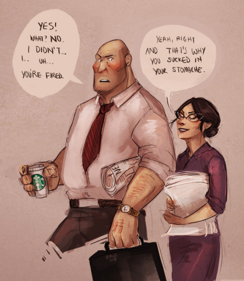 sinuswave:AU where Pauling is Heavy’s cheeky secretary, Scout works at Starbucks and Medic is a vet and probably has a dove sanctuary in his veterinary practice