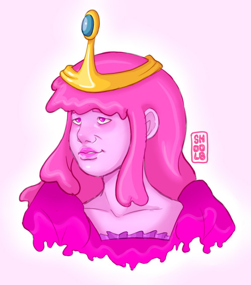 [id: a portrait of princess bubblegum. she is a young woman with pink hair, skin, eyes, and clothes.