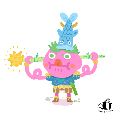 Charmumu Warrior
01. Mr Spinky from the Fish hat tribes
As soon as they come of age, every child from the fish hats tribe must choose a fish they feel a connection with, to be their hat for life. These companions hunt and fight as a team.