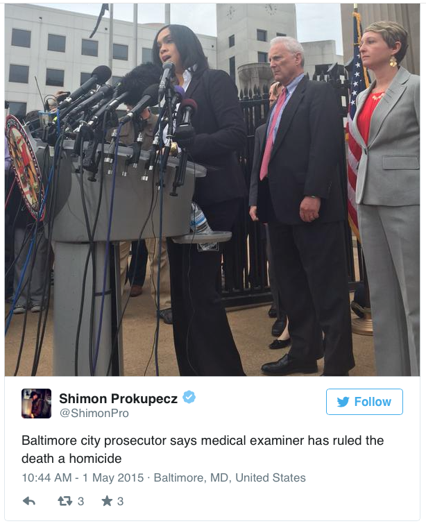 micdotcom:  BREAKING: Freddie Gray’s death was a homicide, criminal charges being