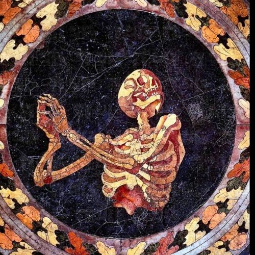 Always a classic Skeleton Mosaic from marble floor of the Cornaro Chapel by Gianlorenzo Bernini, c. 