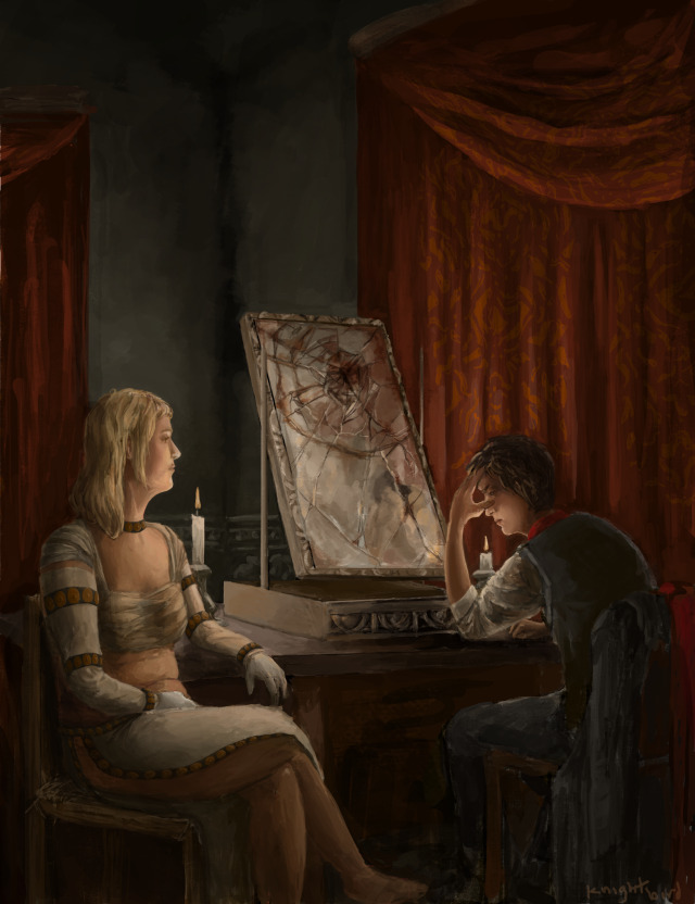 A digital painting of Eva yan and Daniil dankovsky from pathologic. they sit at the table in the Stillwater, in front of the broken mirror. the room is candlelit, and red curtains are behind them.