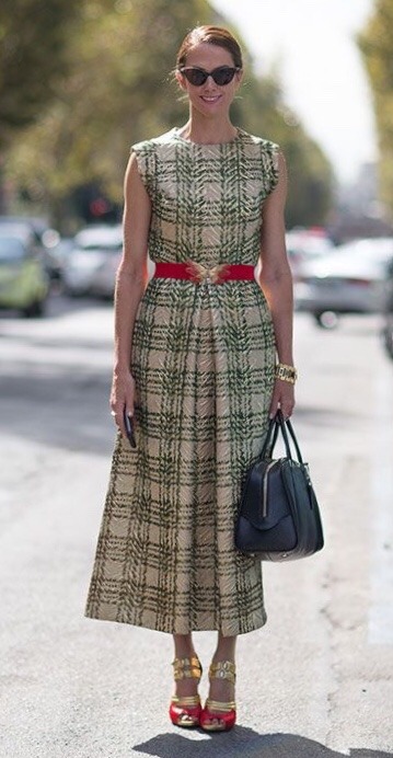 Left: Illustration of a green belted surcote ca. 1250. Right: Green plaid belted dress from Spring 2