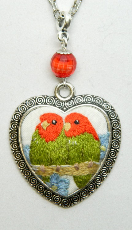 The elegant necklace &ldquo;The lovebird cupe&rdquo; with painting micro embroidery on cotto