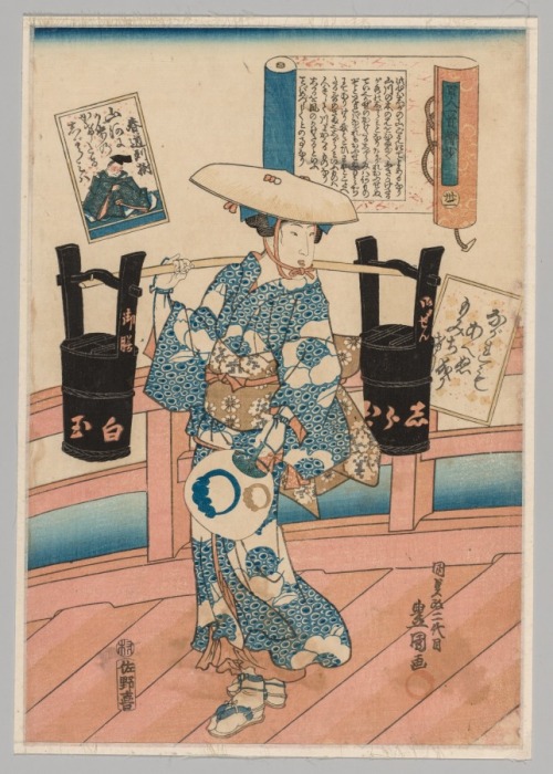 cma-japanese-art: Woman Carrying Two Black Buckets Across a Bridge, Gototei Kunisada, 1786-1864, Cle