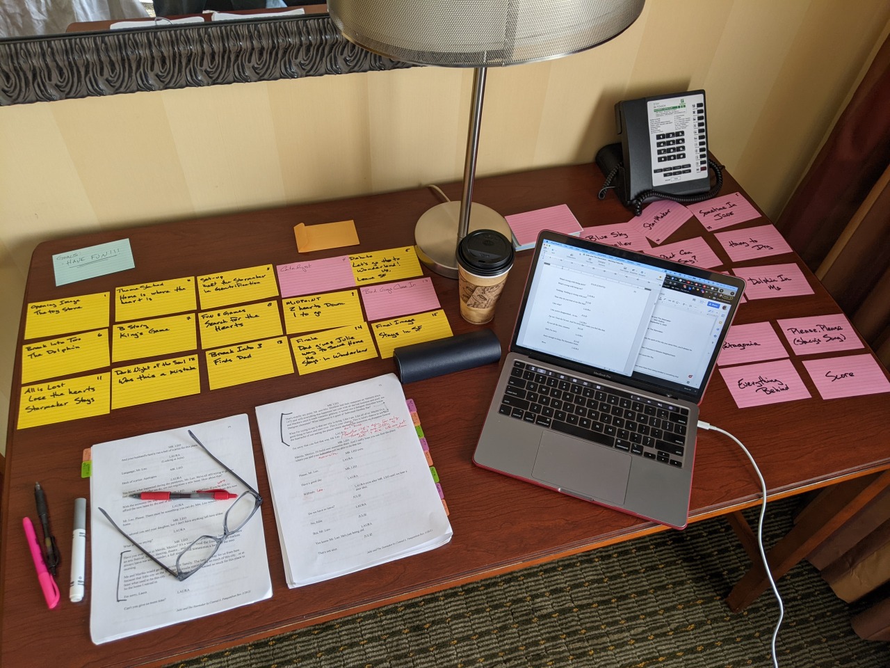 Pictured: self-isolated writing retreat with cards laid your for JULIE AND THE STARMAKER. Second Draft... and still need to work on Draft Three!