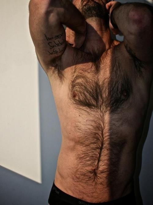 Hairy chest, legs,Beard and Mustache.