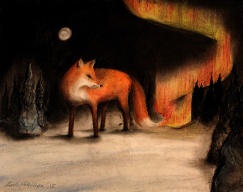 forestrolli:In Finnish, Northern lights are called “Lights of the Fox”. It comes from the old beliefs, that says the lights come from the fox tail hitting the snow.by Linda Piekäinen -> her art page on Facebook