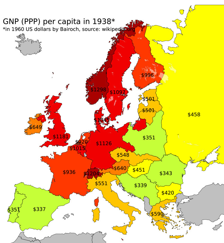 GNP per capita in Europe between 1880-1938.... - Maps on the Web